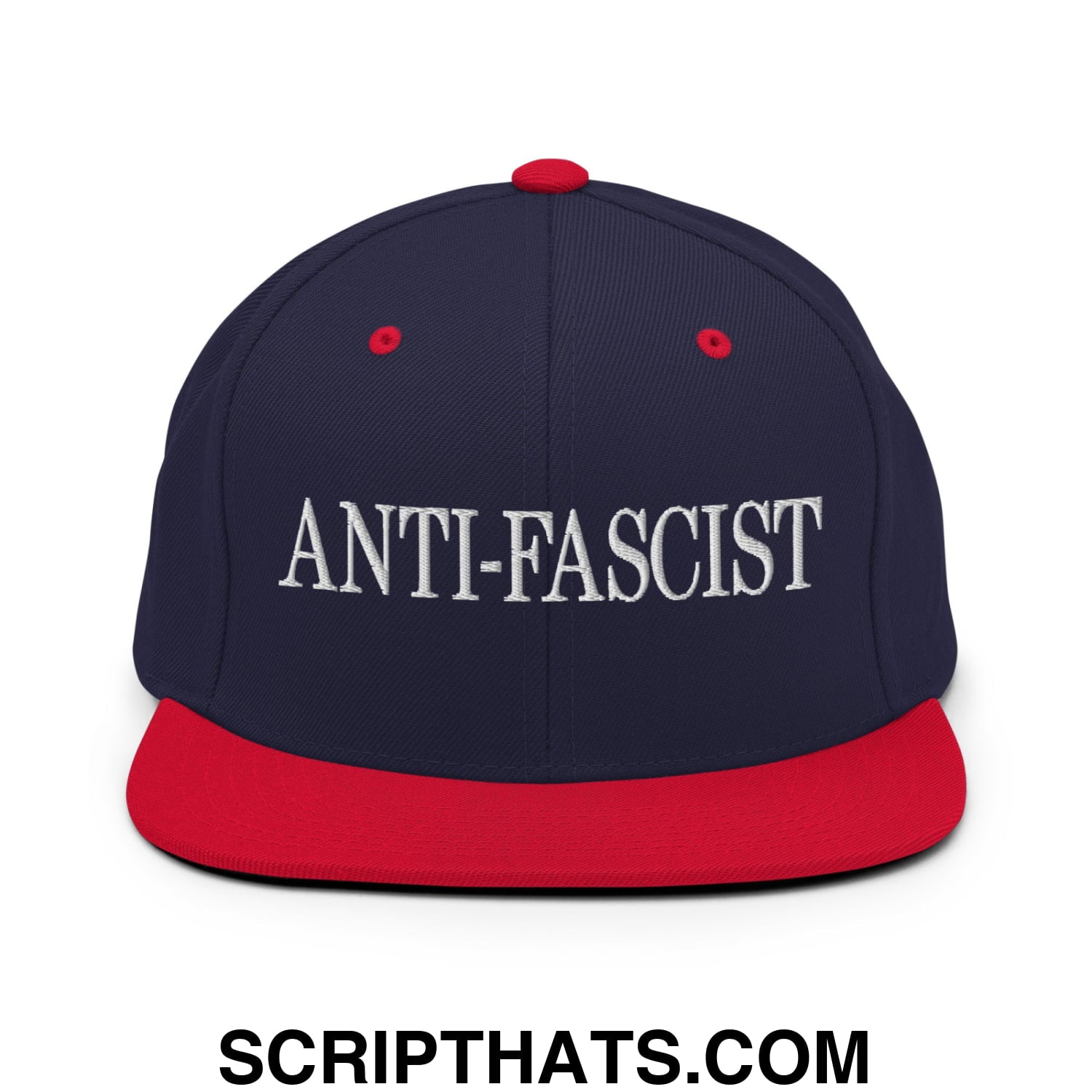 Navy blue and red snapback hat with white embroidered anti-fascist text and flat bill brim