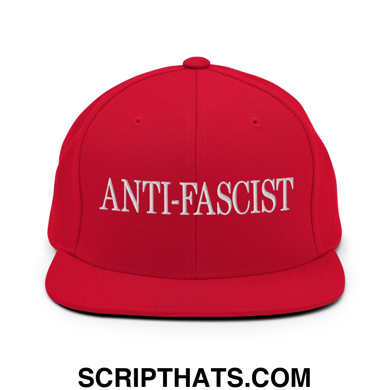 Red snapback cap with white embroidered anti fascist text on front flat bill brim for casual wear