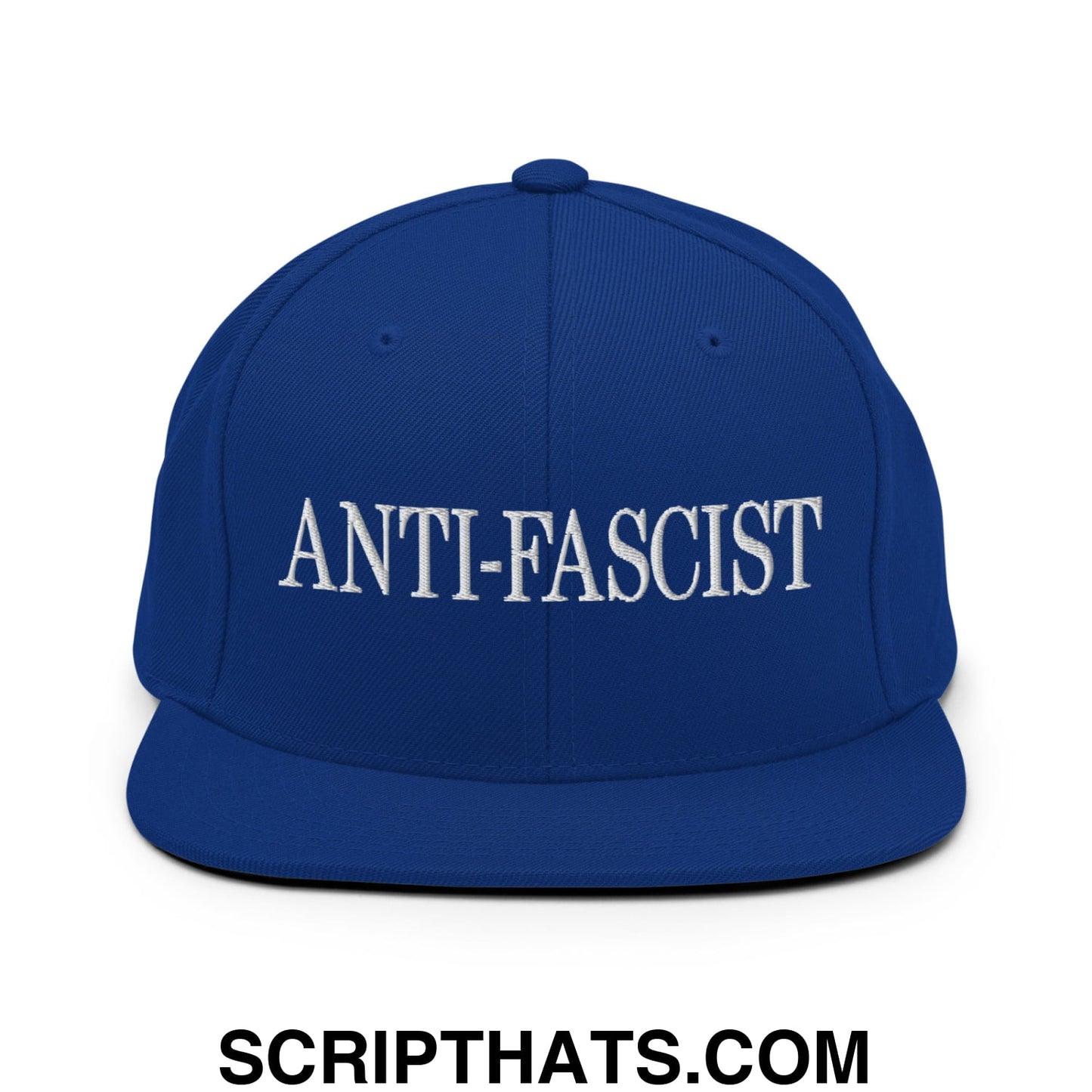 Royal blue snapback hat with white embroidered anti-fascist text and flat bill brim for casual wear