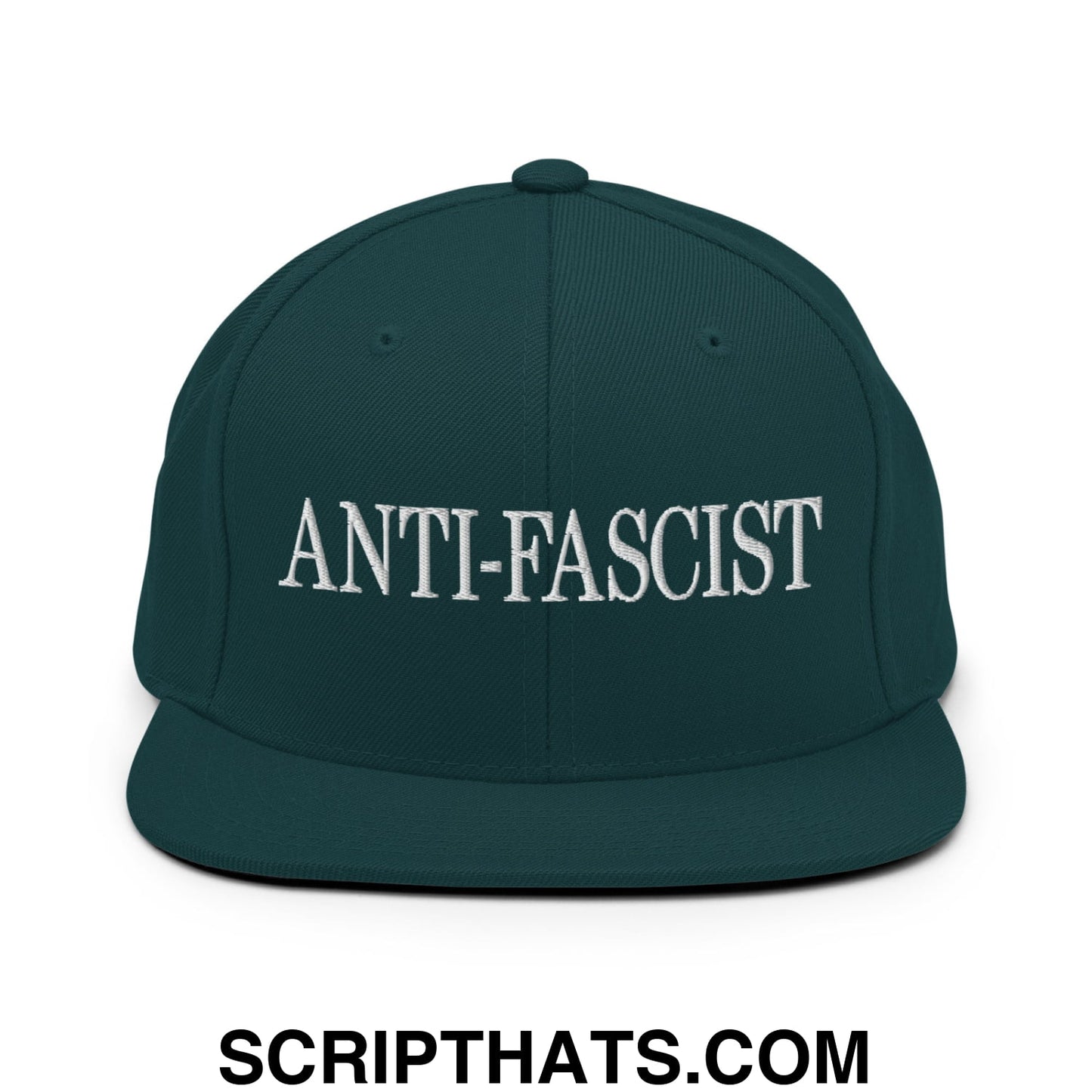 Dark green snapback hat with white embroidered anti-fascist text and flat bill brim for casual wear