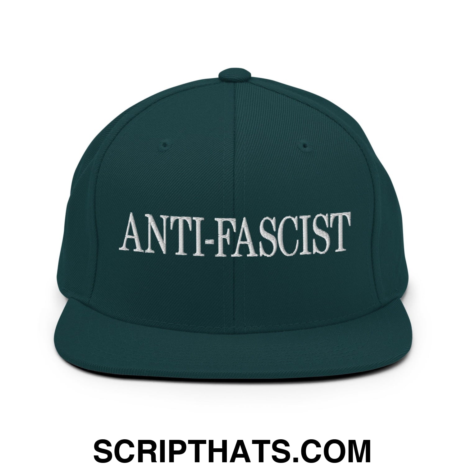 Dark green snapback hat with white embroidered anti-fascist text and flat bill brim for casual wear