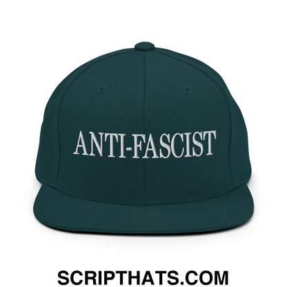 Dark green snapback hat with white embroidered anti-fascist text and flat bill brim for casual wear