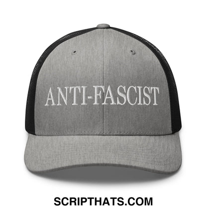 Gray and black mesh trucker hat with anti-fascist embroidered in white thread on the front