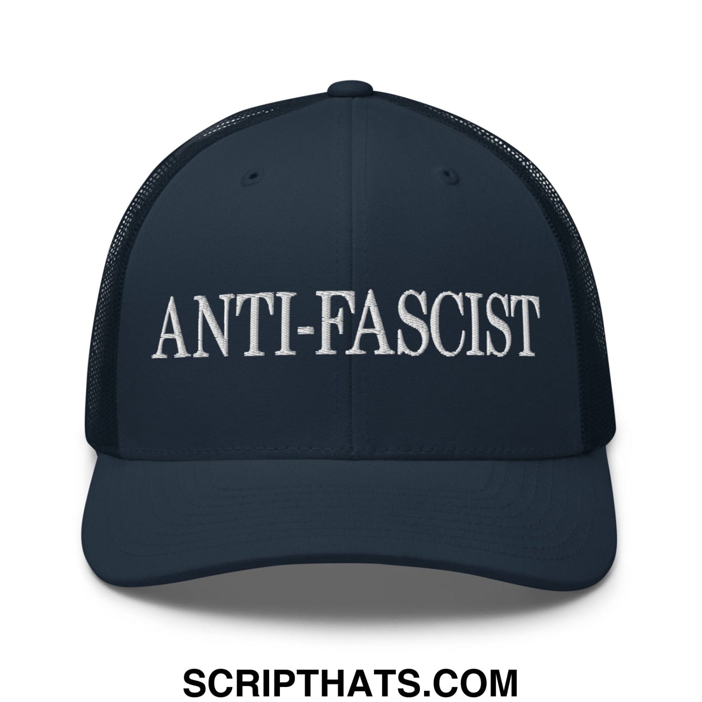 Dark navy mesh trucker hat with white embroidered anti-fascist text on the front panel