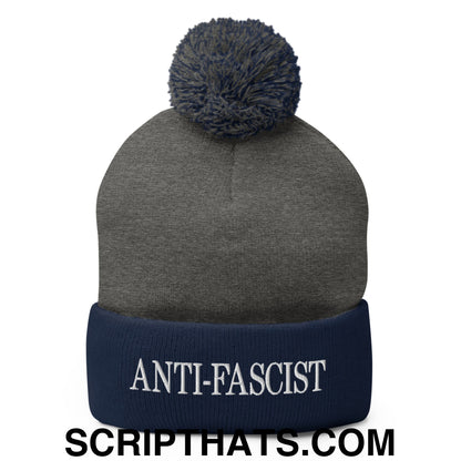 Anti-Fascist Embroidered Pom Pom Knit Beanie Dark Heather Grey Navy