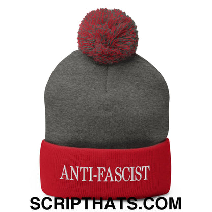 Anti-Fascist Embroidered Pom Pom Knit Beanie Dark Heather Grey Red