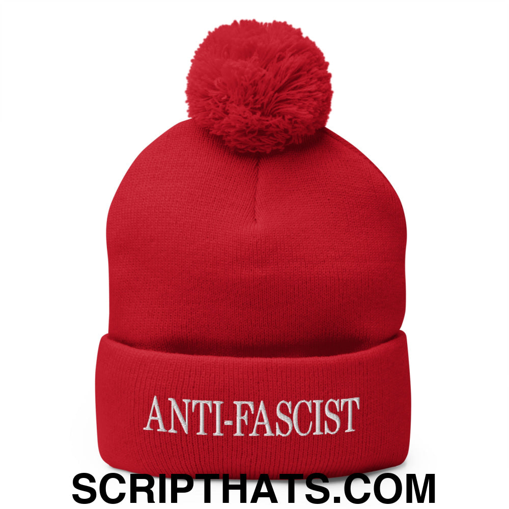 Anti-Fascist Embroidered Pom Pom Knit Beanie Red