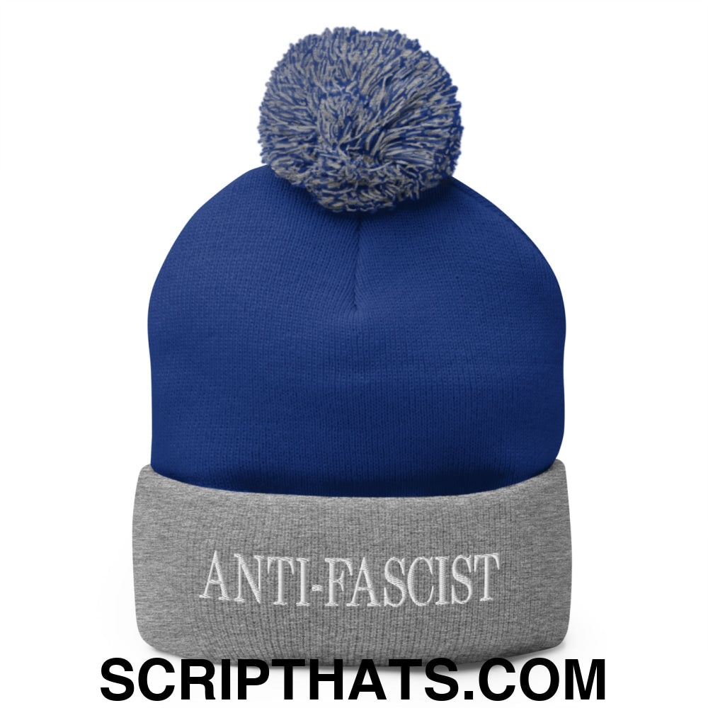 Anti-Fascist Embroidered Pom Pom Knit Beanie Royal Heather Grey