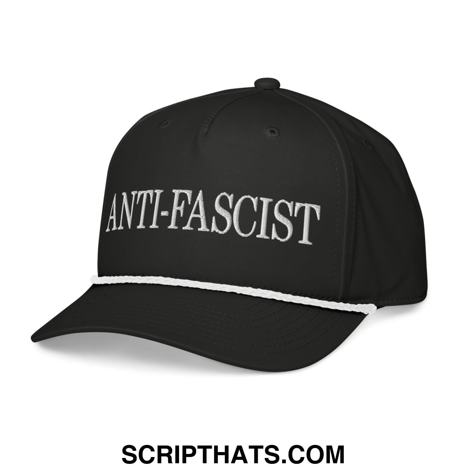 Black anti-fascist embroidered rope hat with white stitched brim and anti-fascist text on the front