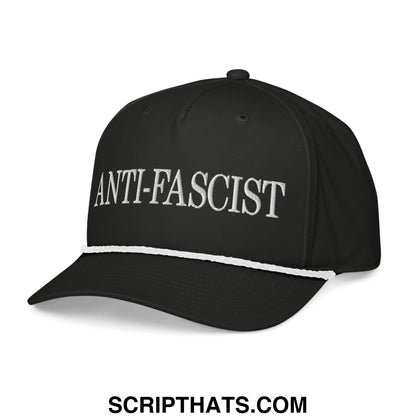 Black anti-fascist embroidered rope hat with white stitched brim and anti-fascist text on the front