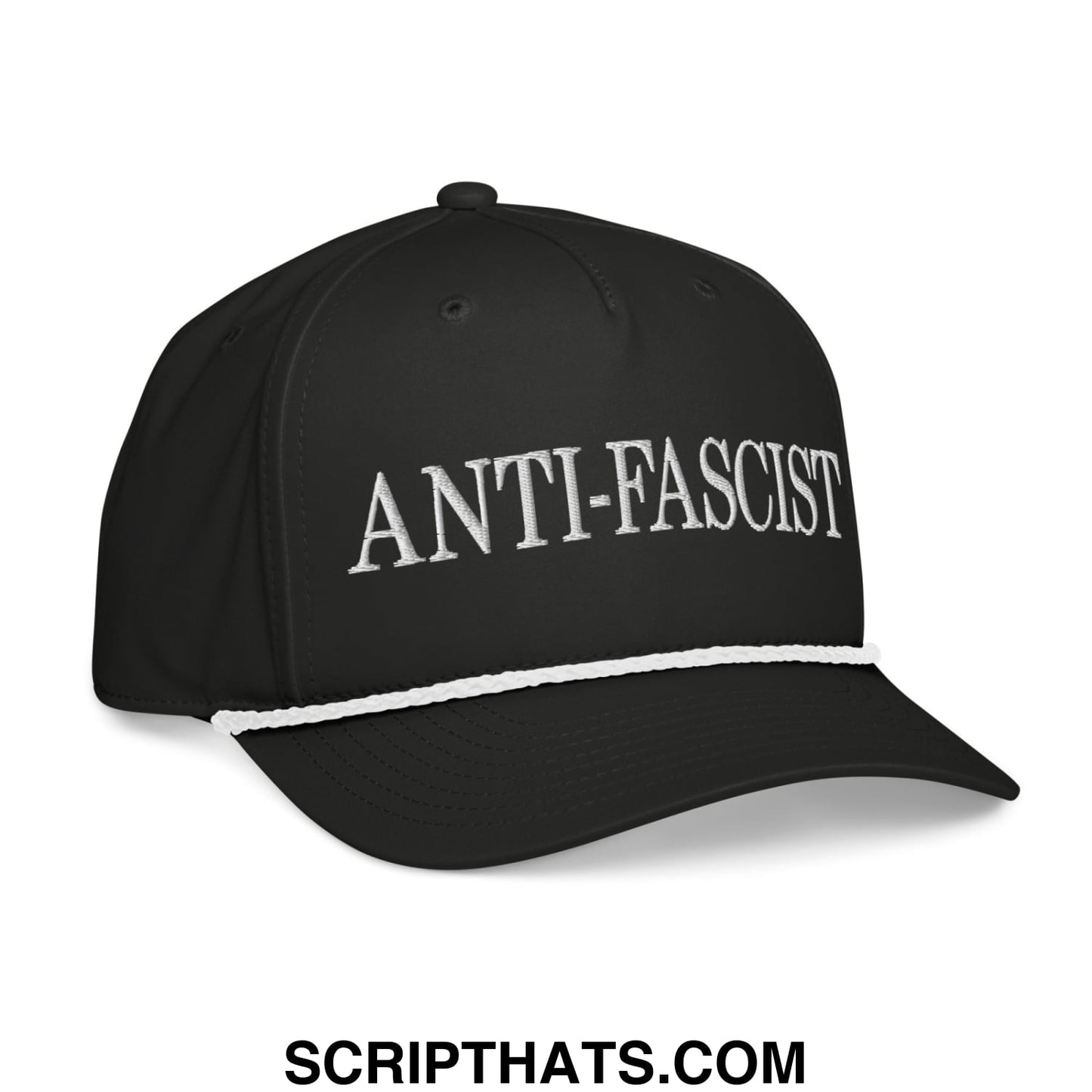 Black rope hat with white embroidered anti-fascist text and contrasting white stitched brim for casual wear