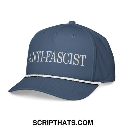 Navy blue anti-fascist embroidered rope hat with white text and contrasting white brim stripe baseball cap
