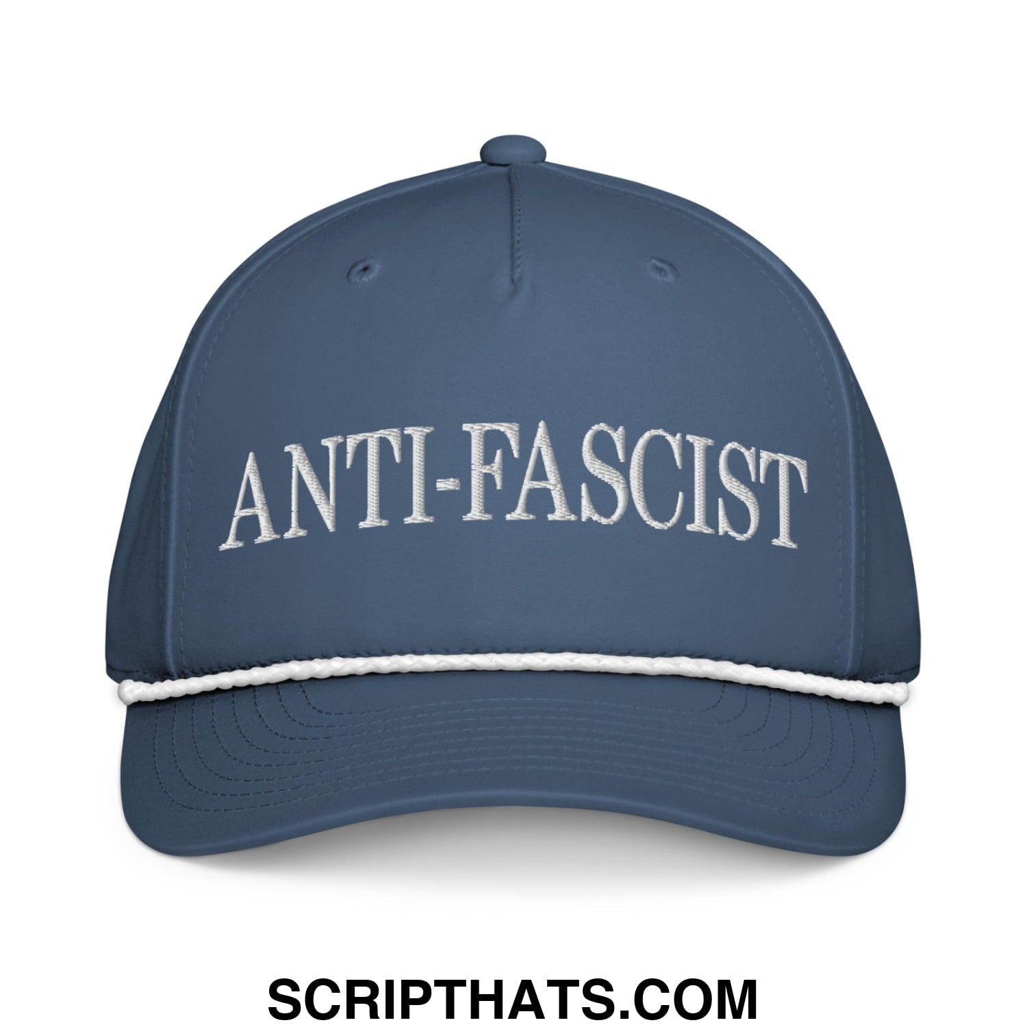 A navy blue anti-fascist embroidered rope hat with white lettering and a contrasting stitched brim