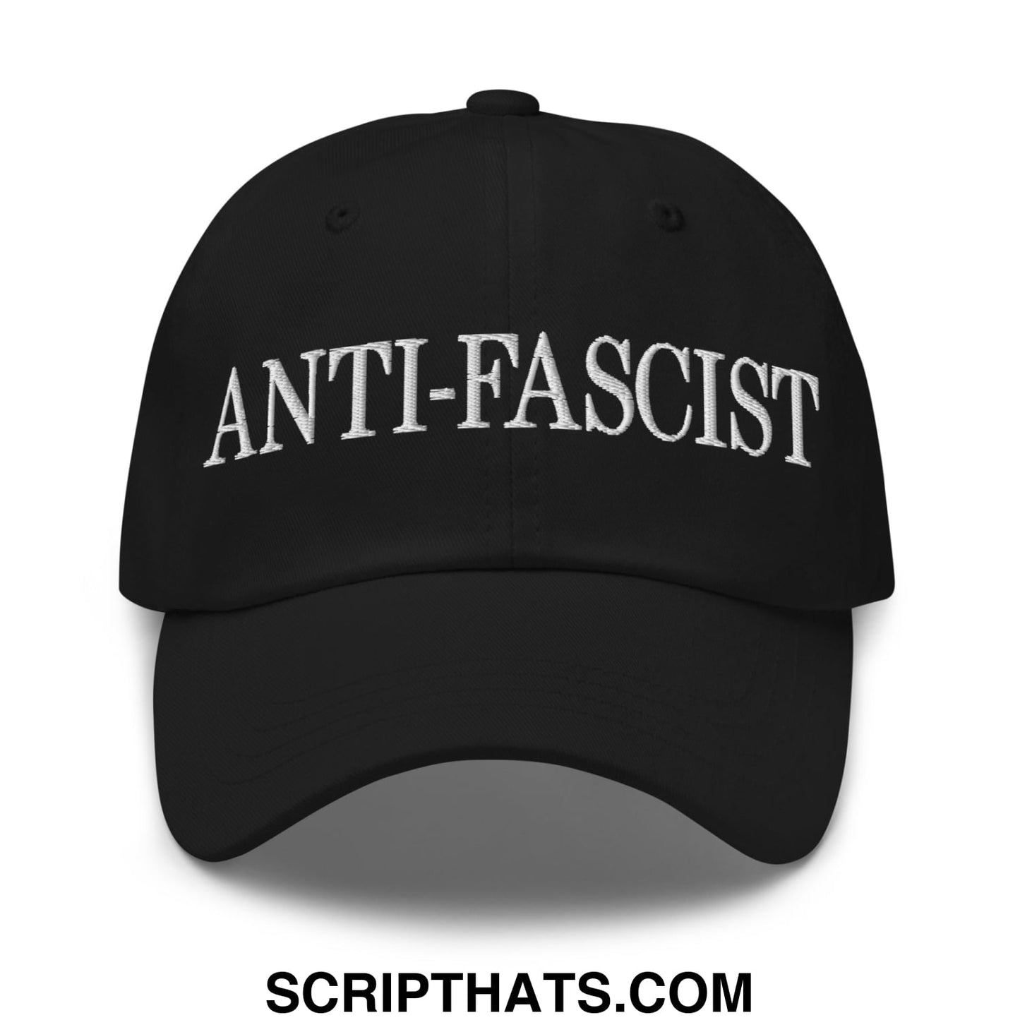 Black embroidered unstructured dad hat with white anti-fascist lettering featuring a casual streetwear design