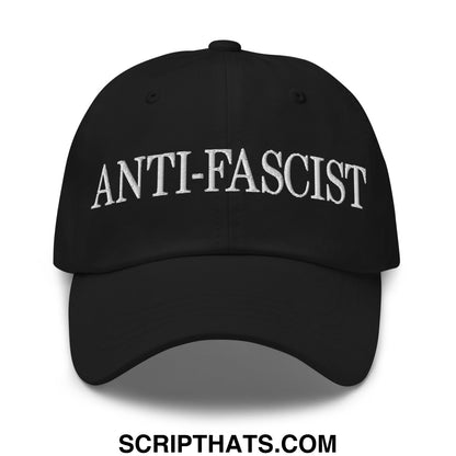 Black embroidered unstructured dad hat with white anti-fascist lettering featuring a casual streetwear design