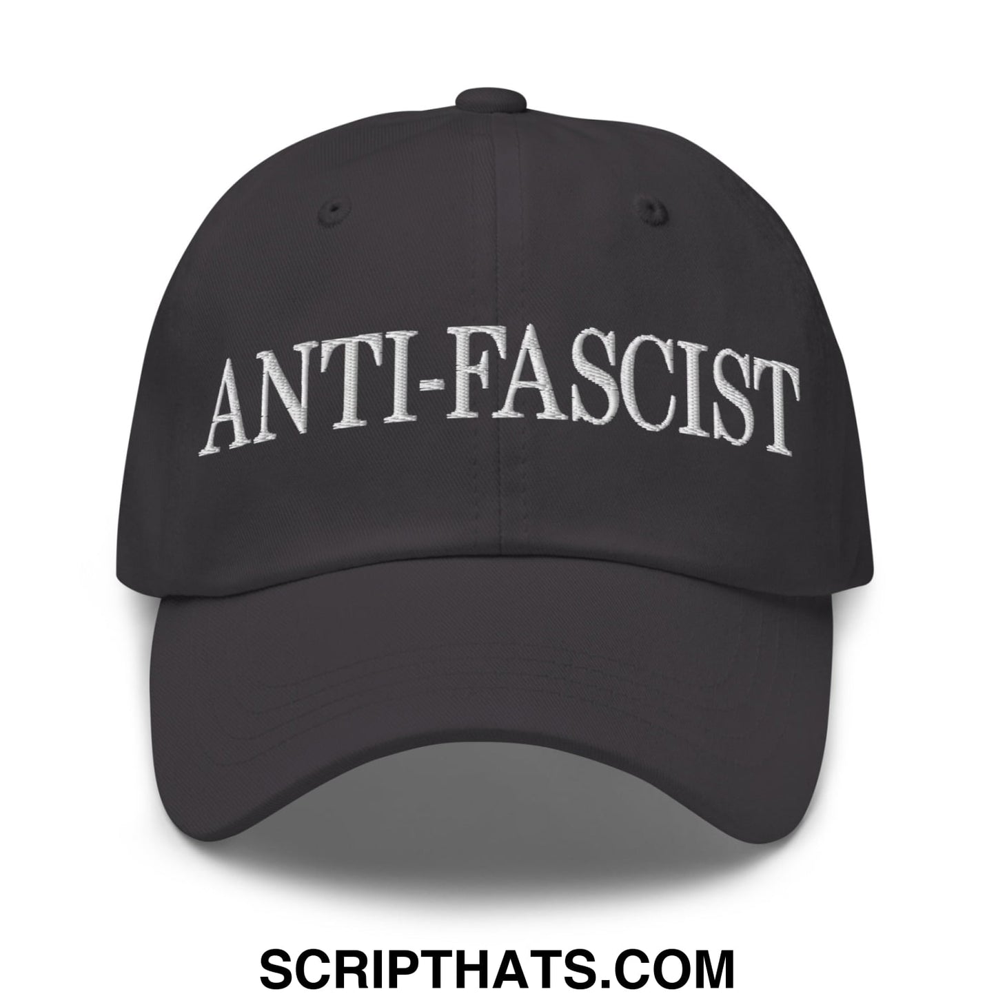 Black unstructured dad hat with white embroidered anti-fascist text on front suitable for casual wear