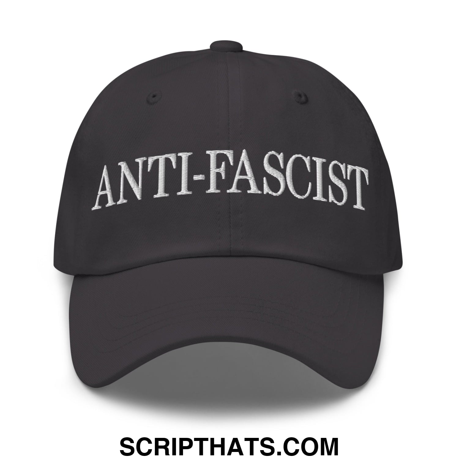 Black unstructured dad hat with white embroidered anti-fascist text on front suitable for casual wear