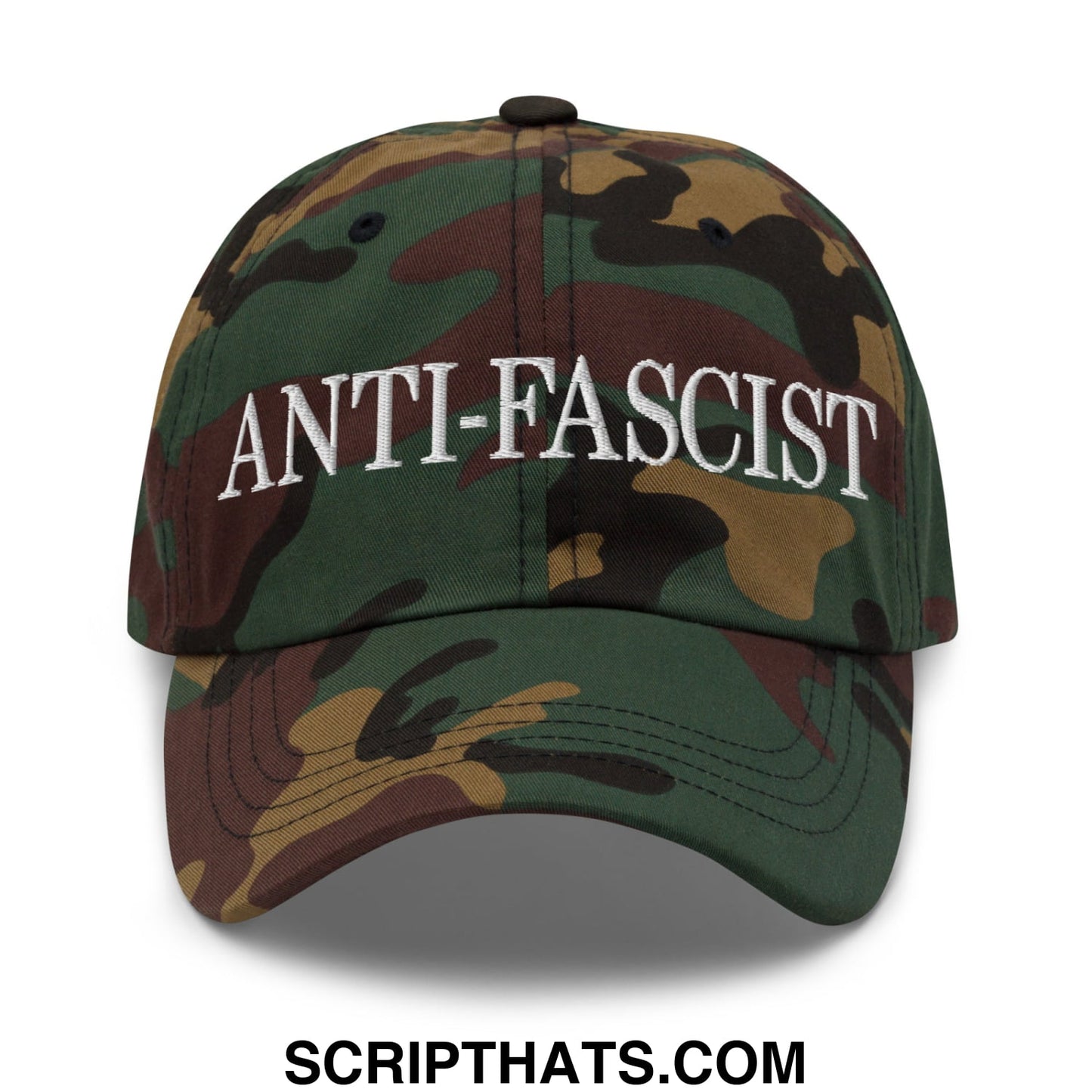 A camouflage-patterned unstructured dad hat with anti-fascist embroidered in white on the front