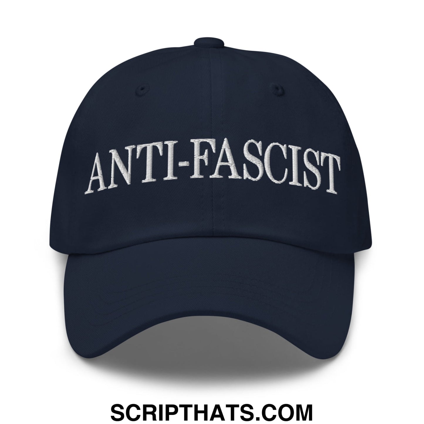 Navy blue unstructured dad hat with white embroidered anti-fascist text across the front panel