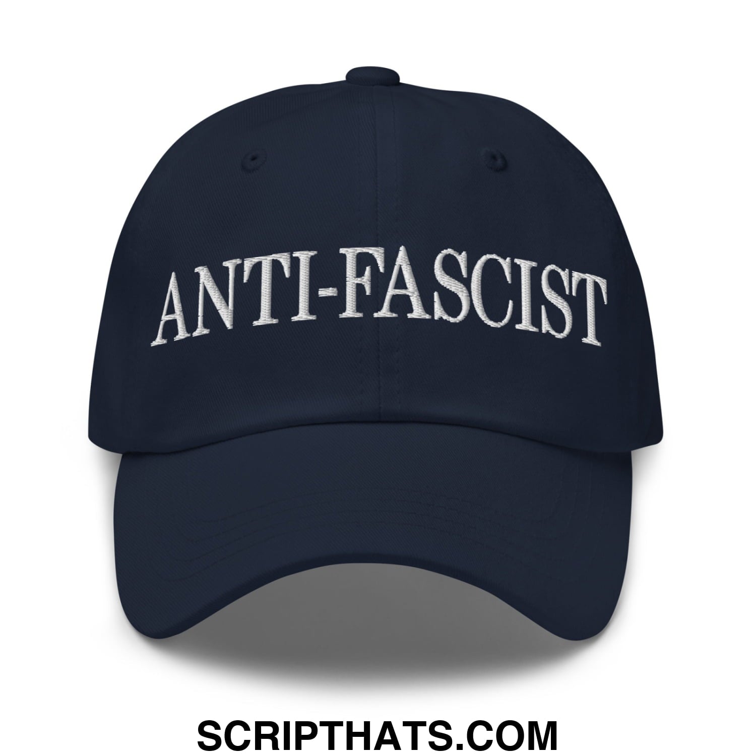 Navy blue unstructured dad hat with white embroidered anti-fascist text across the front panel
