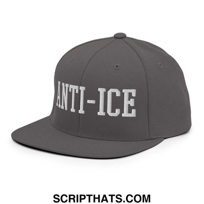 Gray snapback hat with white embroidered anti-ice lettering and flat bill brim for casual streetwear
