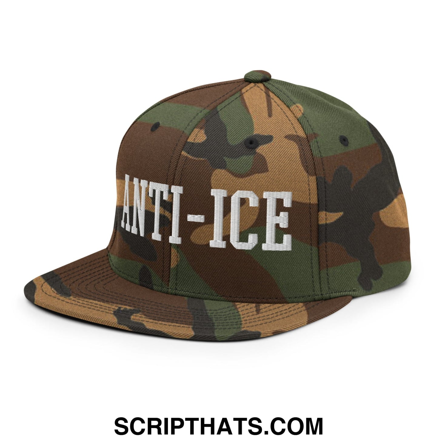 A camouflage-patterned snapback hat with white anti-ice embroidered flat bill brim for casual wear
