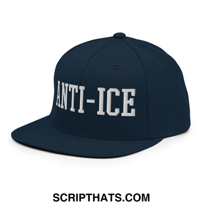 Navy blue snapback hat with white embroidered anti-ice lettering and flat bill brim ideal for casual wear