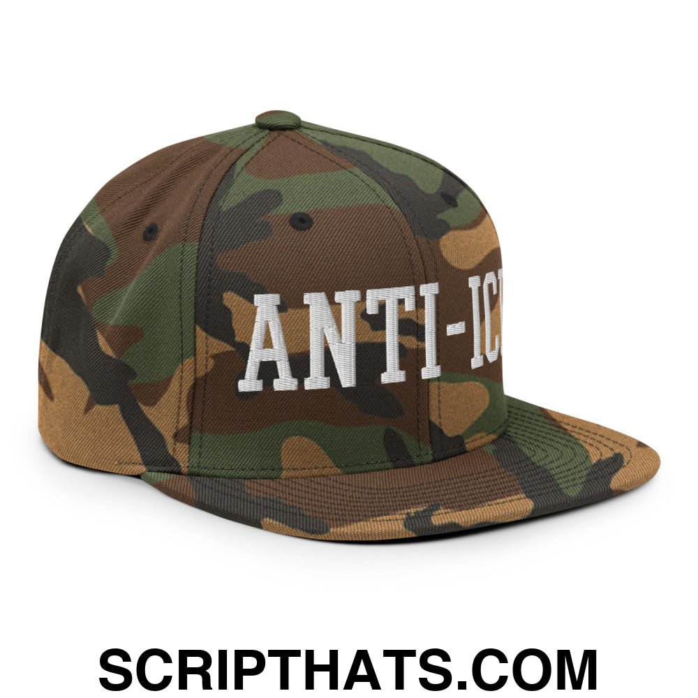 Anti-ICE Embroidered Flat Bill Brim Snapback Hat Green Camo