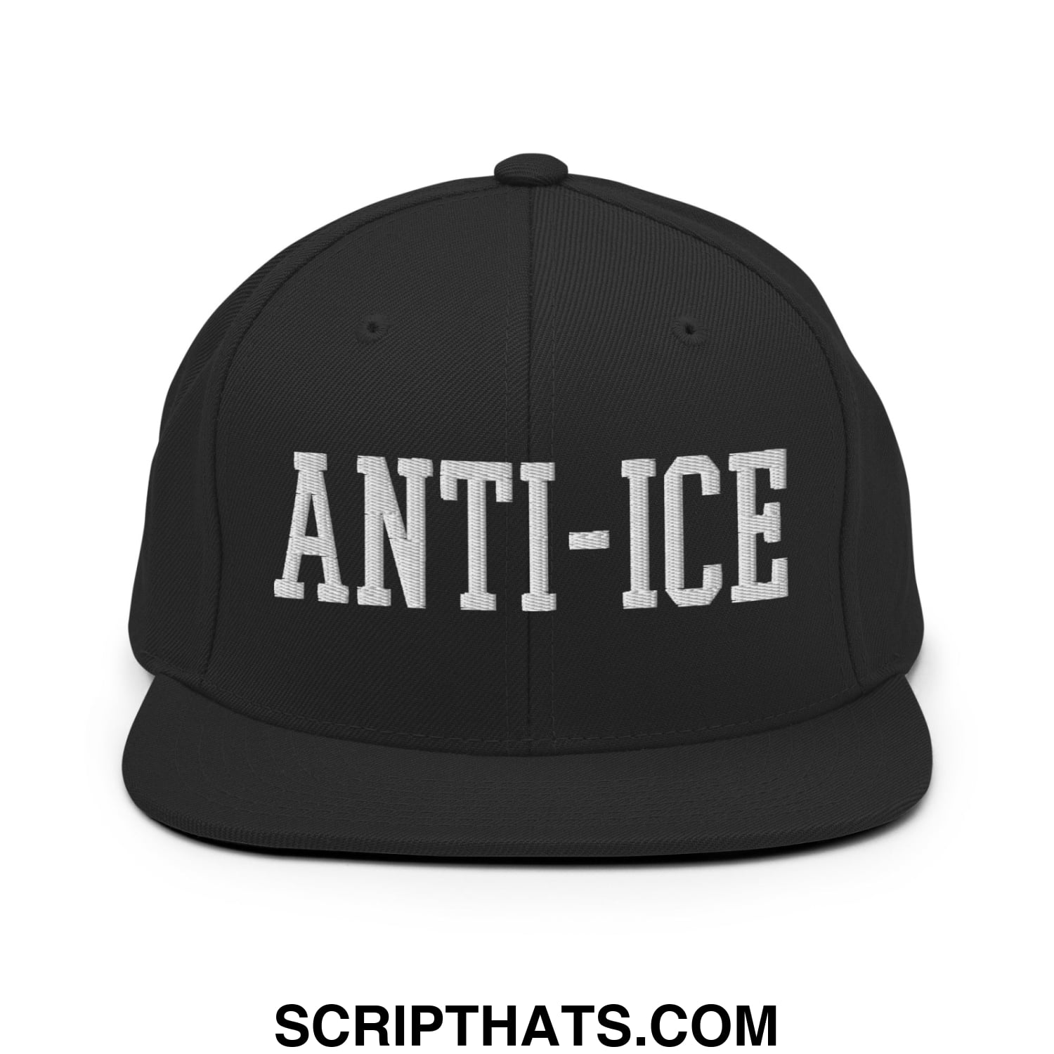 Black snapback hat with white embroidered anti ice lettering and flat bill brim for casual wear