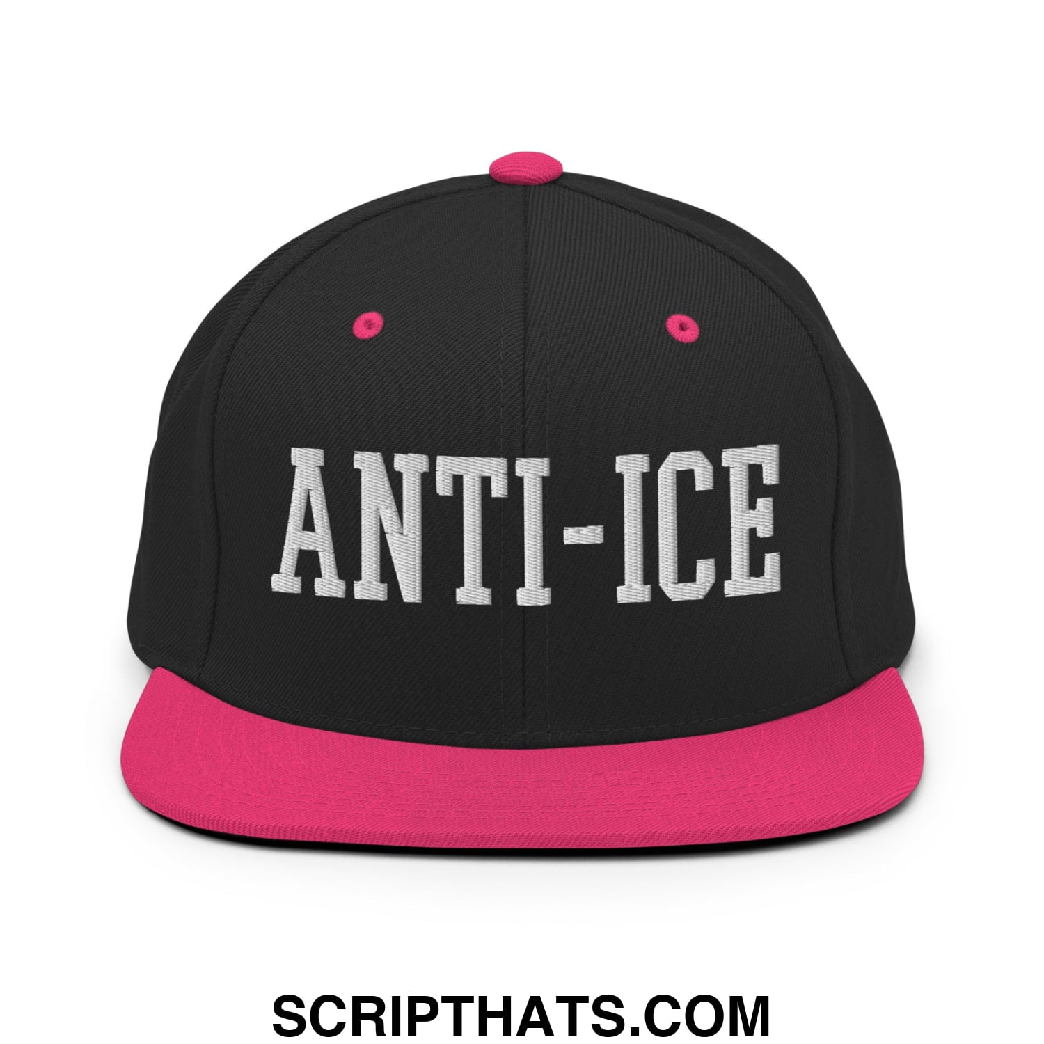 Black snapback cap with vibrant pink flat bill brim and white anti-ice embroidered lettering on front panel