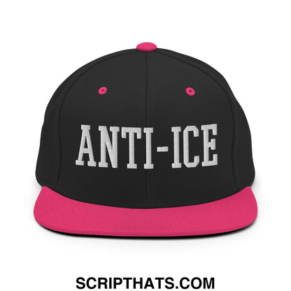 Black snapback cap with vibrant pink flat bill brim and white anti-ice embroidered lettering on front panel
