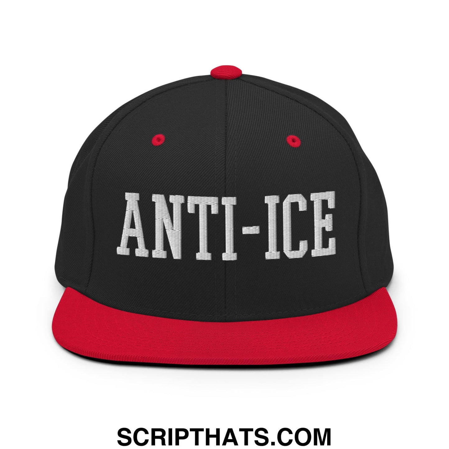 Black snapback cap with red brim and button featuring white embroidered anti-ice lettering on front panel