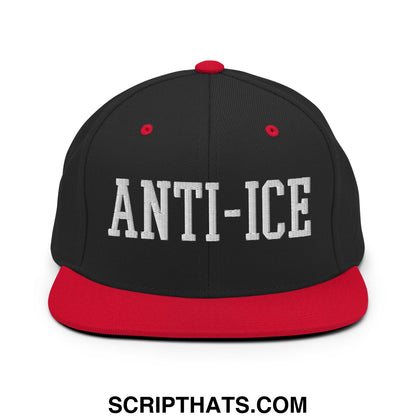 Black snapback cap with red brim and button featuring white embroidered anti-ice lettering on front panel