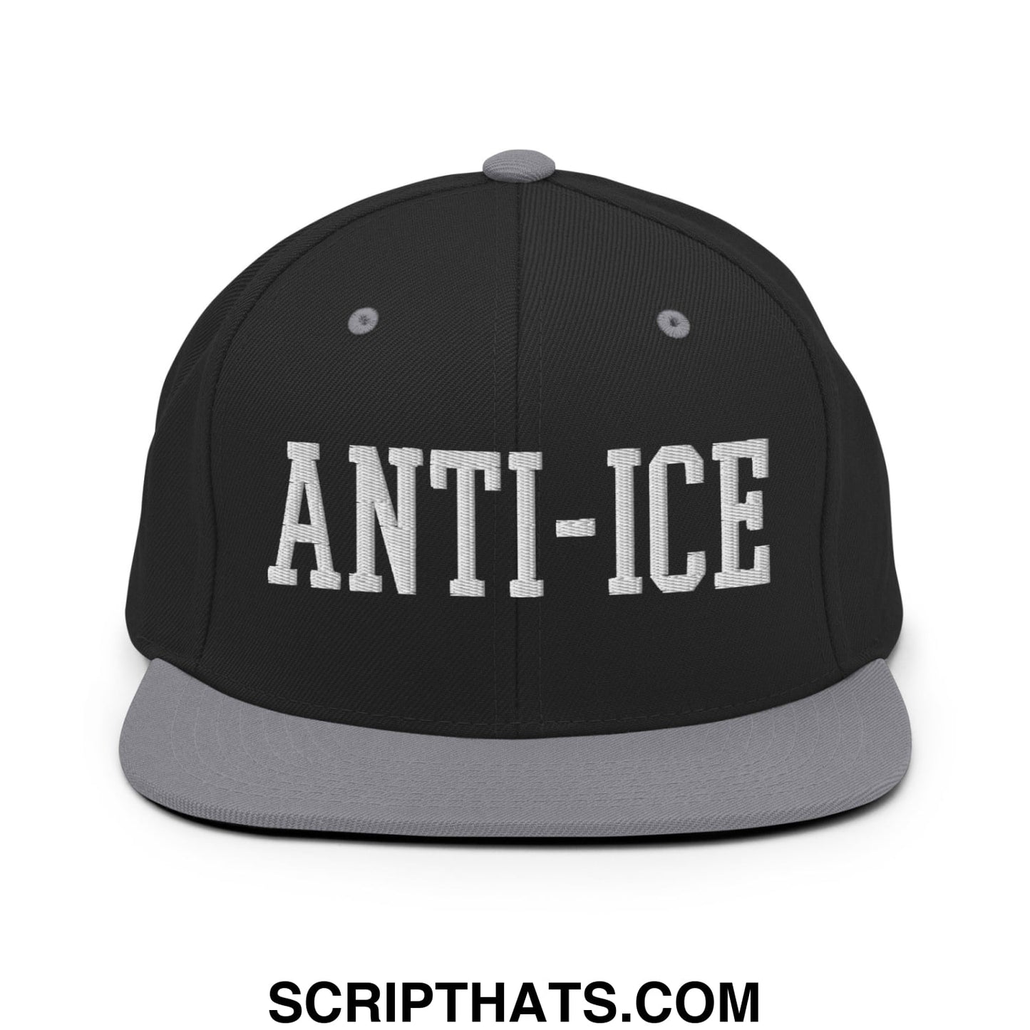 Black snapback hat with gray flat bill and white embroidered anti-ice lettering across the front panel