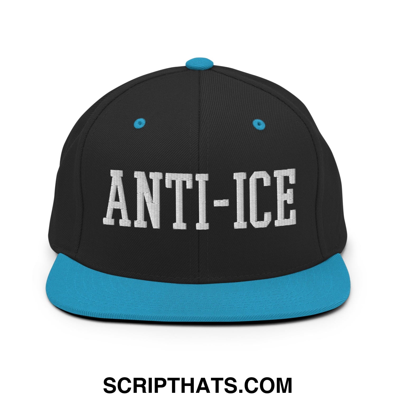 Black snapback hat with teal brim and button featuring bold white anti-ice embroidery on the front panel