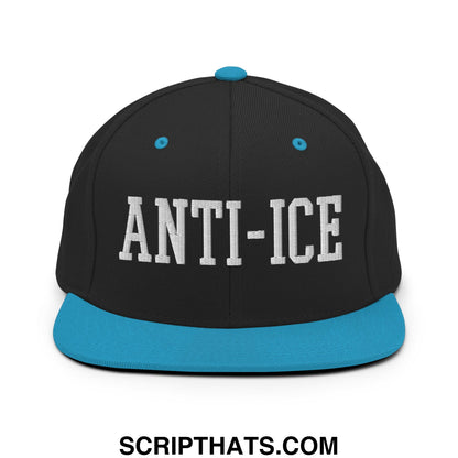Black snapback hat with teal brim and button featuring bold white anti-ice embroidery on the front panel