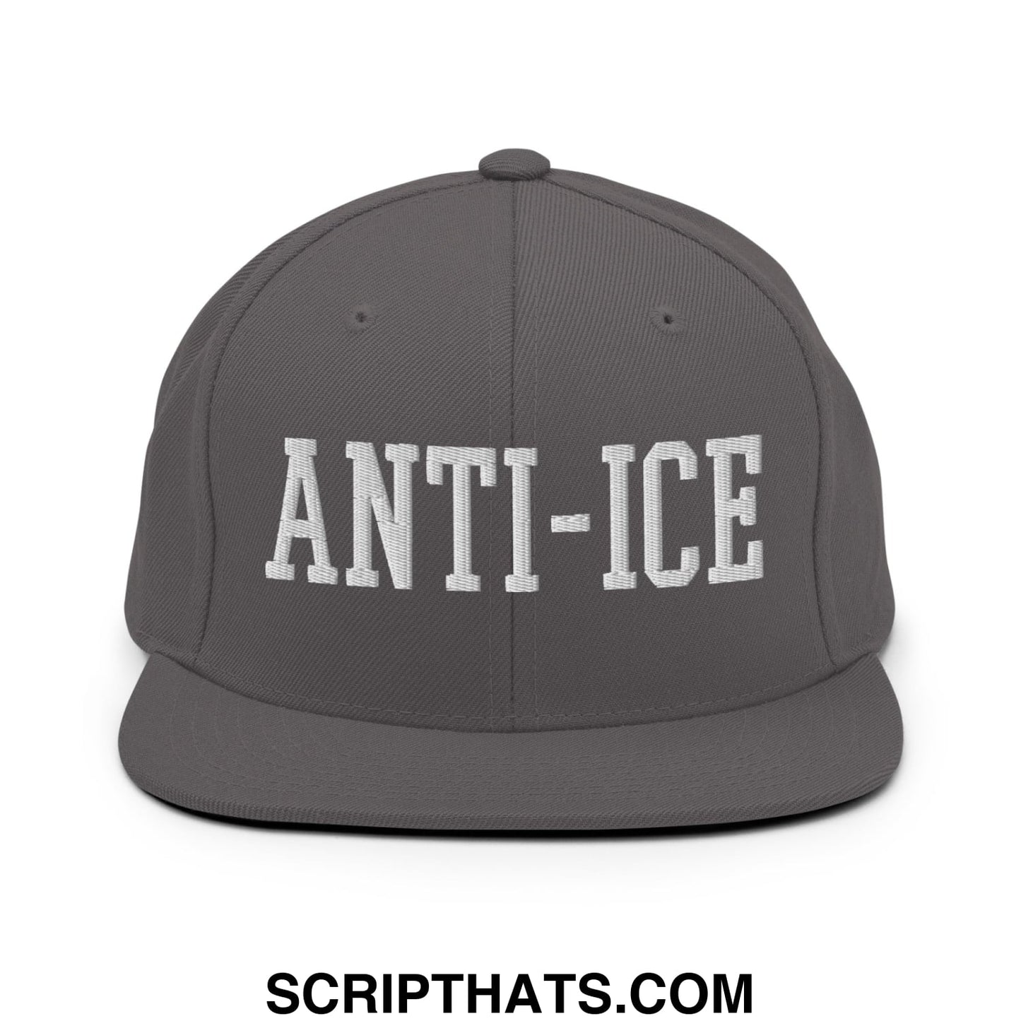 Gray snapback hat with white embroidered anti-ice lettering and flat bill brim for casual streetwear use