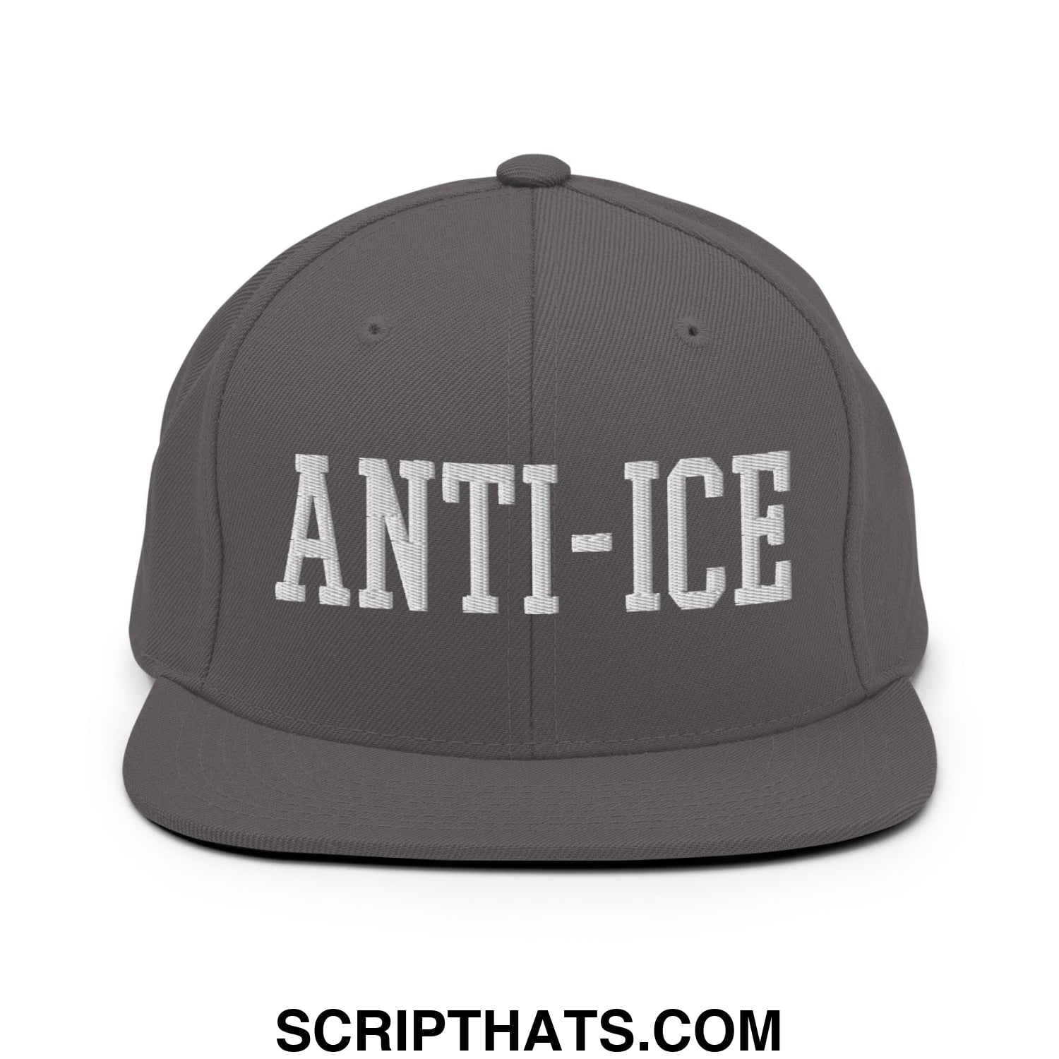 Gray snapback hat with white embroidered anti-ice lettering and flat bill brim for casual streetwear use