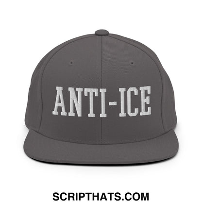 Gray snapback hat with white embroidered anti-ice lettering and flat bill brim for casual streetwear use