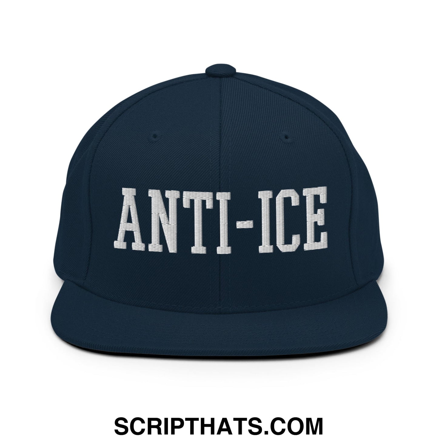 Navy blue snapback hat with white embroidered anti-ice lettering and flat bill brim for casual wear
