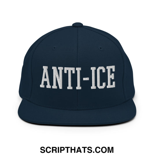 Navy blue snapback hat with white embroidered anti-ice lettering and flat bill brim for casual wear