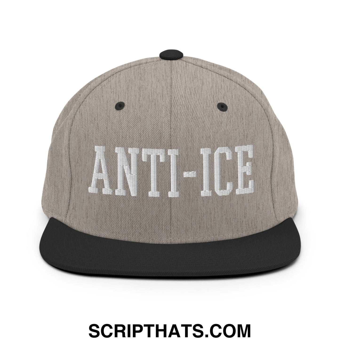 Gray and black snapback hat with anti-ice embroidered in white on flat bill brim for casual wear