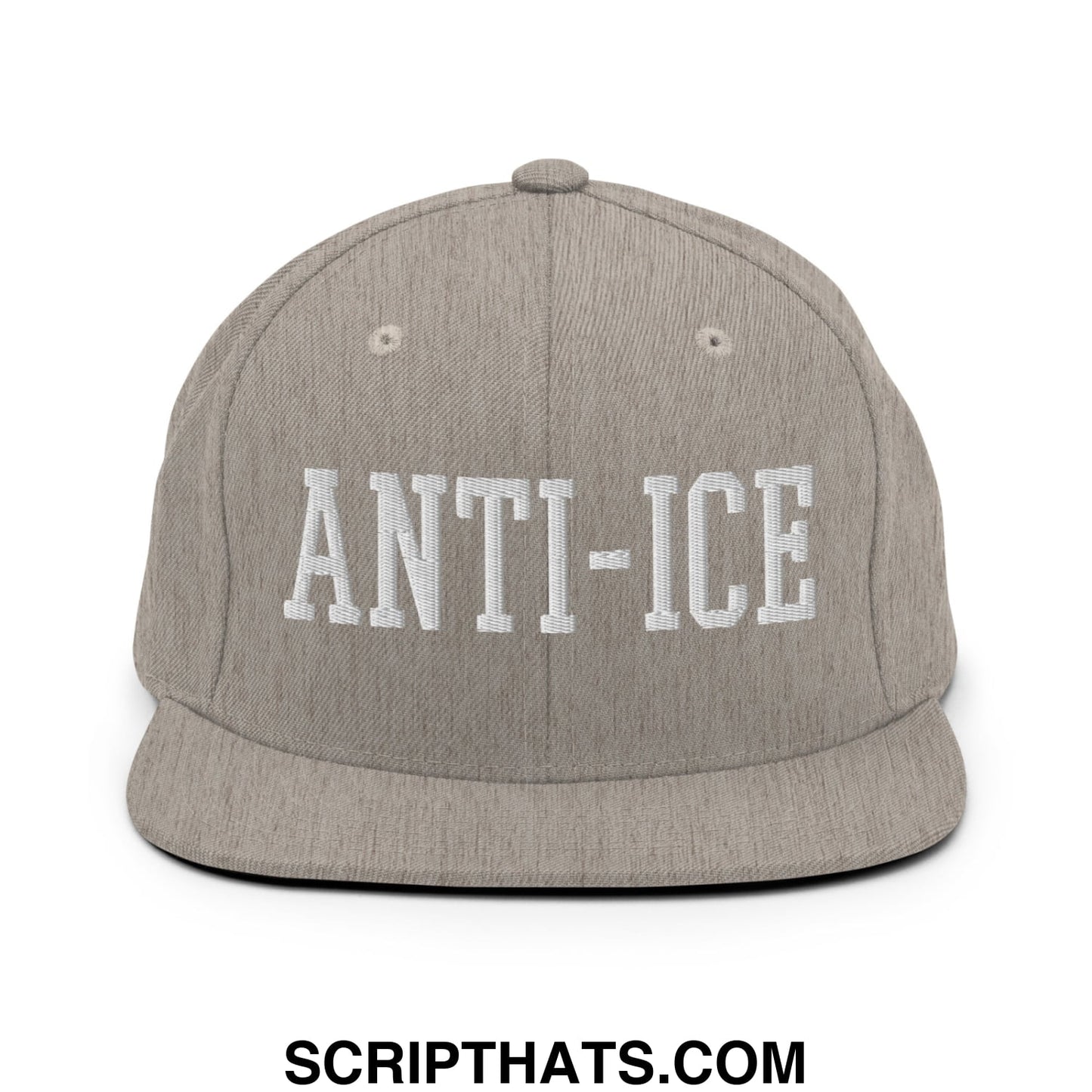 Gray heather snapback cap with white embroidered anti-ice lettering and a flat bill brim design
