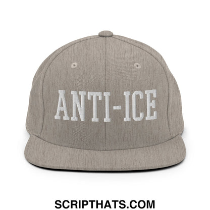 Gray heather snapback cap with white embroidered anti-ice lettering and a flat bill brim design