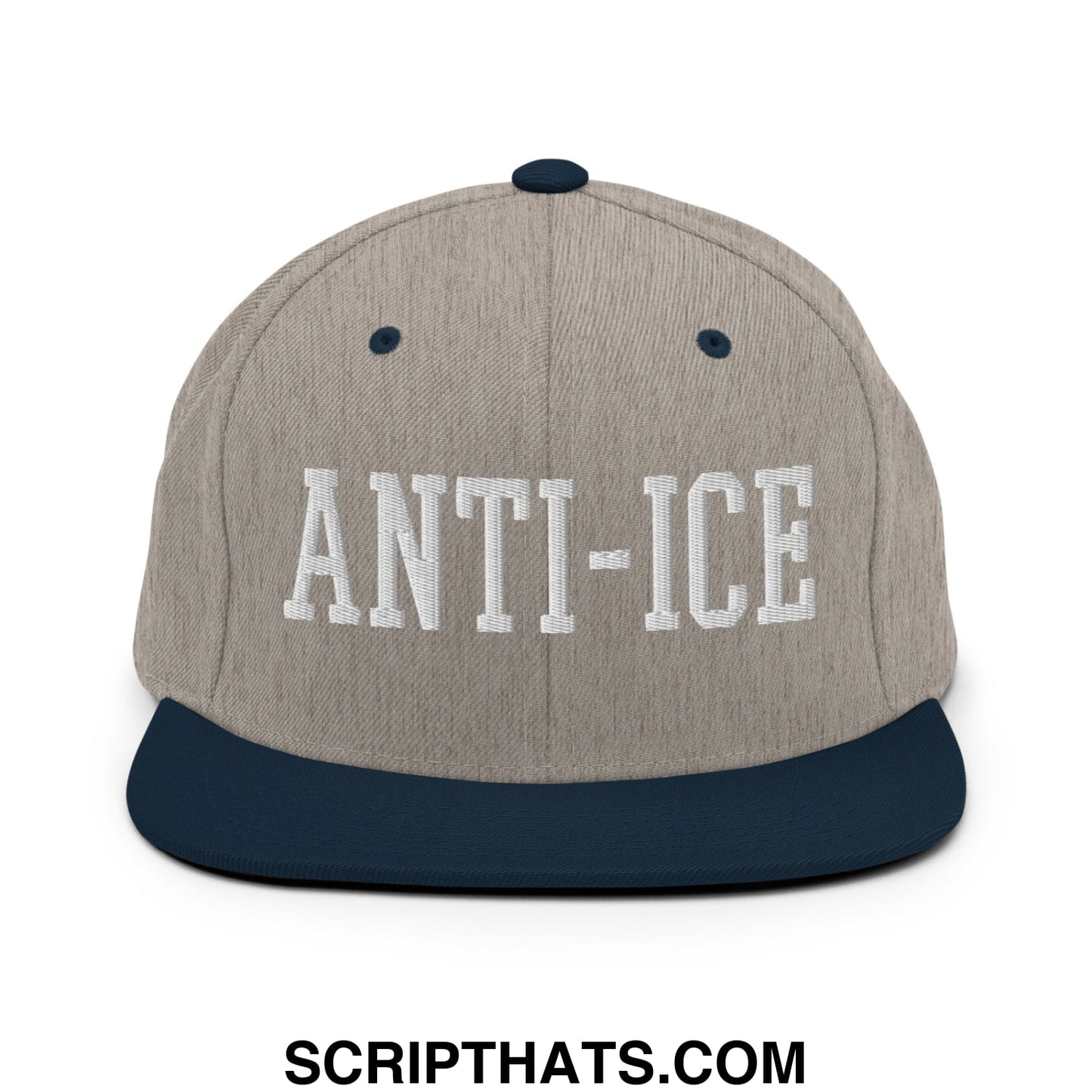 Gray and navy blue snapback hat with anti-ice embroidered in white on the flat bill brim design