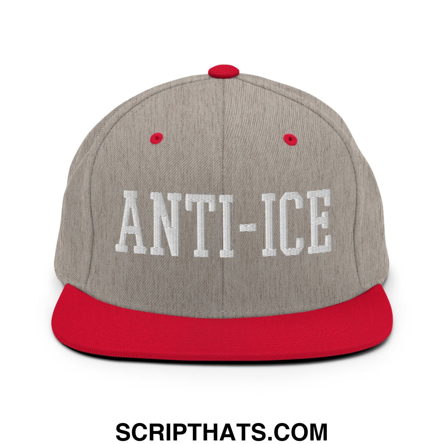 Gray and red snapback hat with white embroidered anti-ice lettering and flat bill brim design