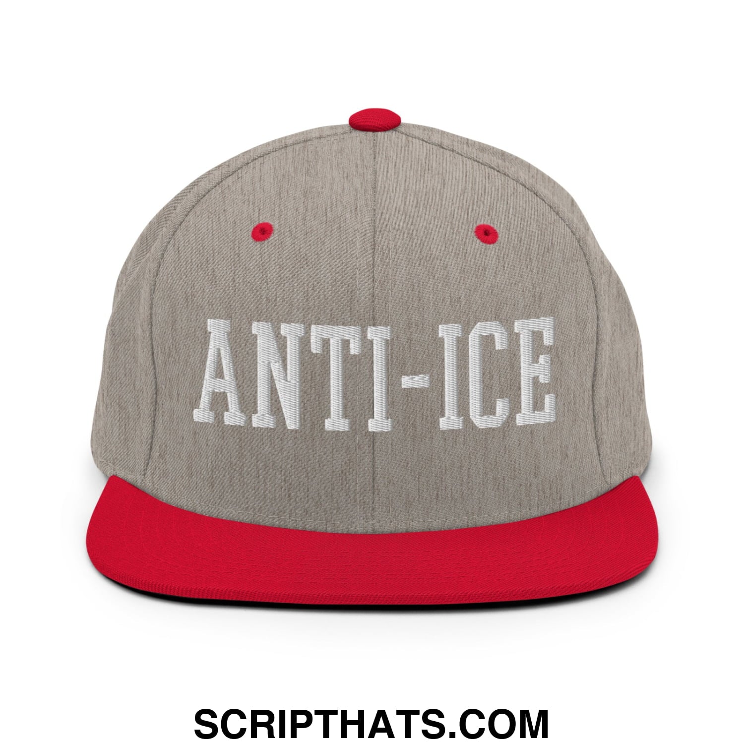 Gray and red snapback hat with white embroidered anti-ice lettering and flat bill brim design