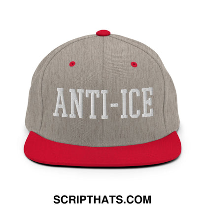 Gray and red snapback hat with white embroidered anti-ice lettering and flat bill brim design