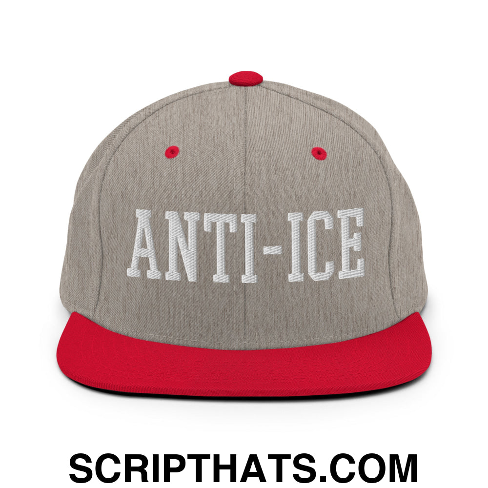 Anti-ICE Embroidered Flat Bill Brim Snapback Hat Heather Grey Red