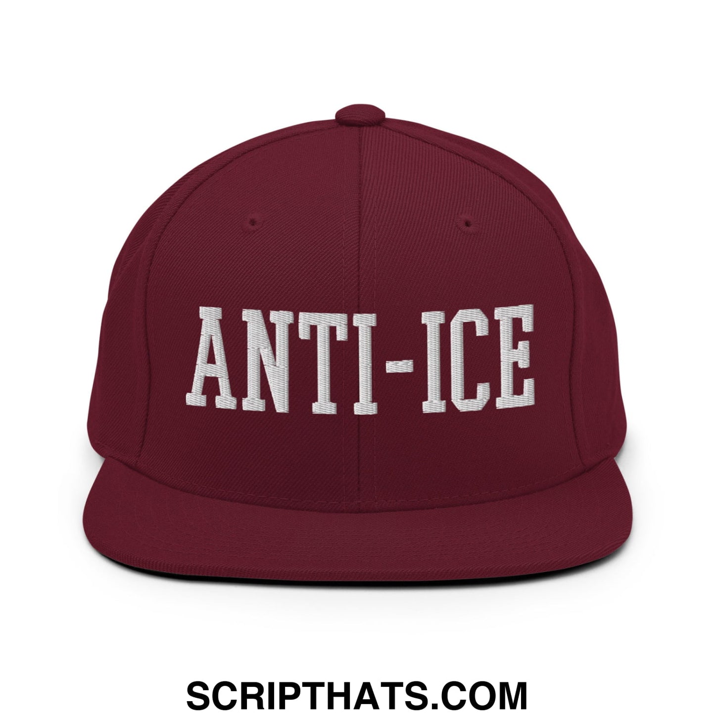 Maroon flat bill brim snapback hat with white embroidered anti ice lettering and adjustable back closure